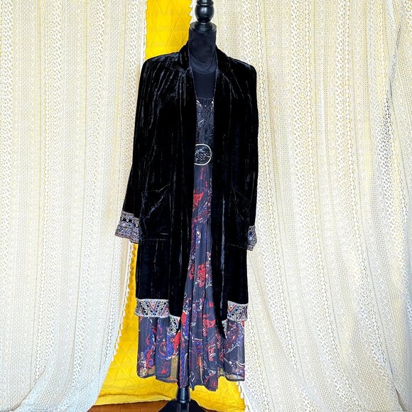 Love Johnny Was Black Velvet Silk Blend Embroidered Duster Cardigan Size L - Picture 1 of 15